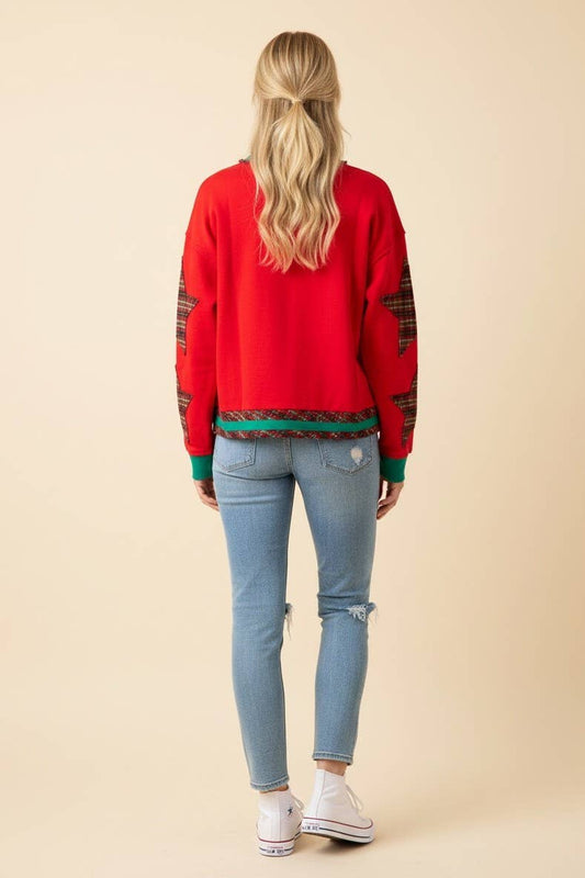 Heimish Christmas Star Plaid Patchwork Contrast Trim Sweatshirt