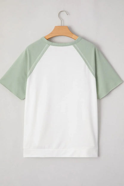 Color Block Raglan Short Sleeve Half Buttons High Low T Shirt
