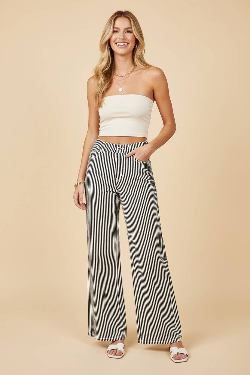 HP40087 High-Rise Wide-Leg Railroad Stripe Pants