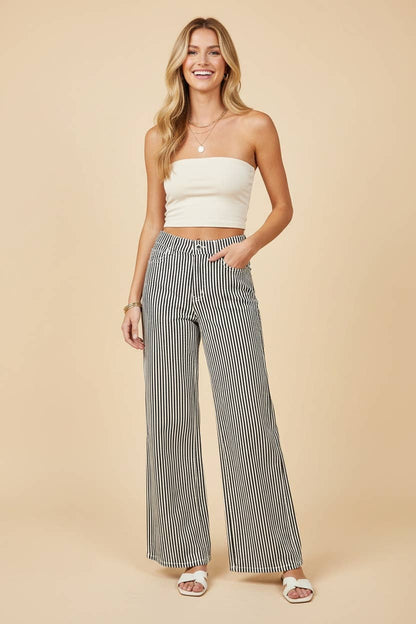 HP40087 High-Rise Wide-Leg Railroad Stripe Pants
