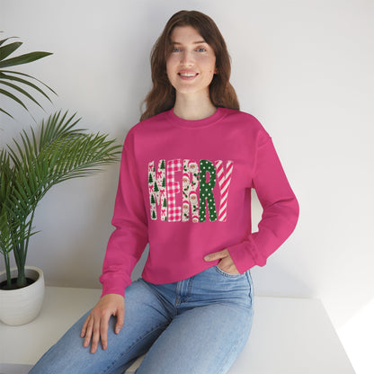 Merry Patchwork Crewneck Sweatshirt — Festive Christmas Plaid & Candy Cane Design