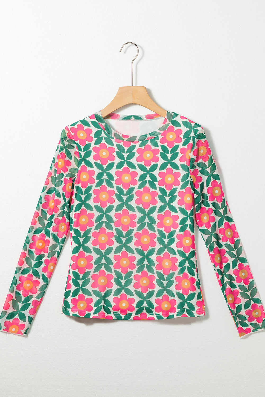 Fiery Red Retro Floral Print Stretchy Mesh Long Sleeve Top