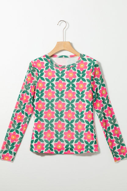 Fiery Red Retro Floral Print Stretchy Mesh Long Sleeve Top