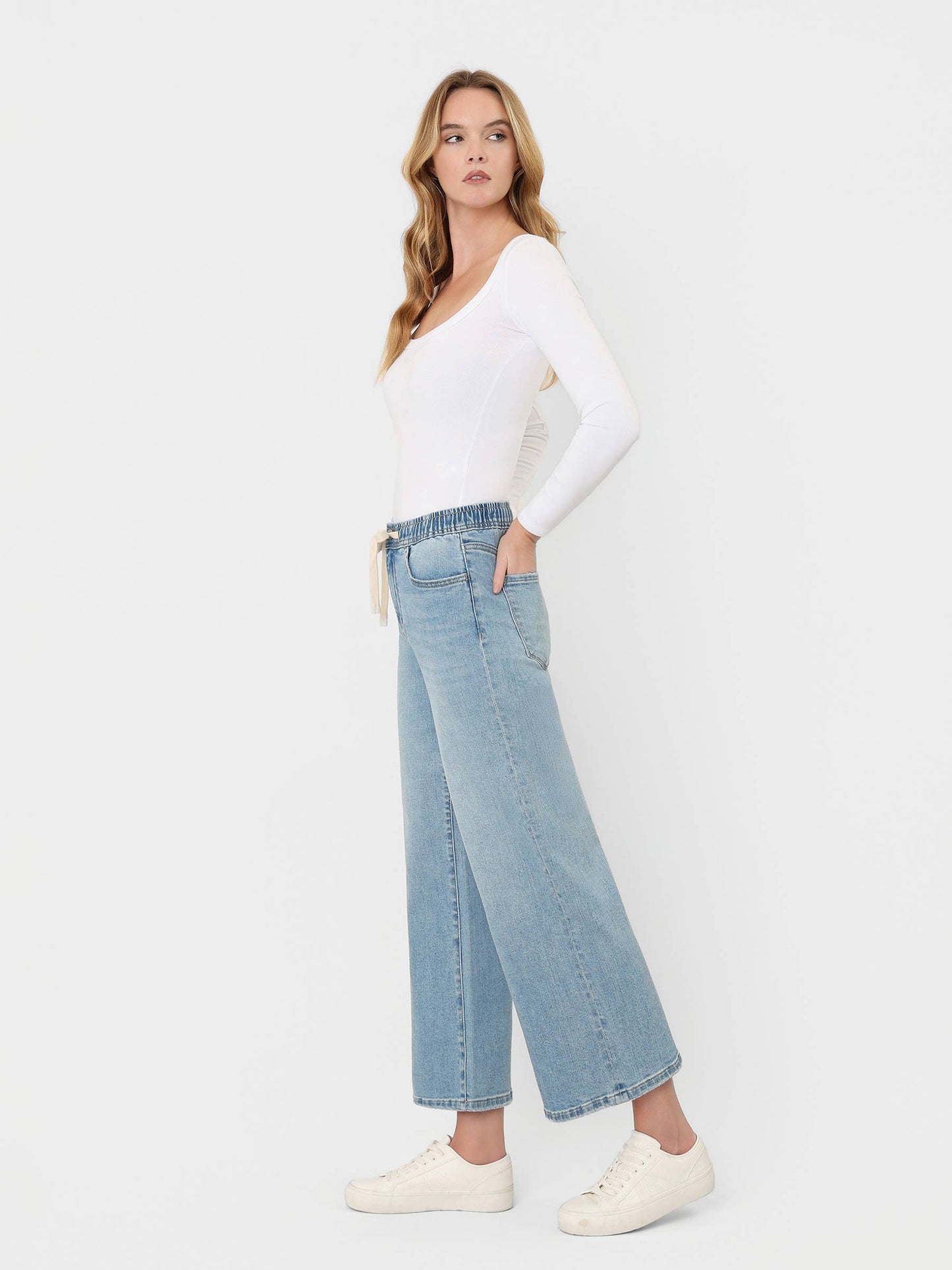 Loveret Super High Rise Full Size Elastic Waist Crop Wide Leg Jeans