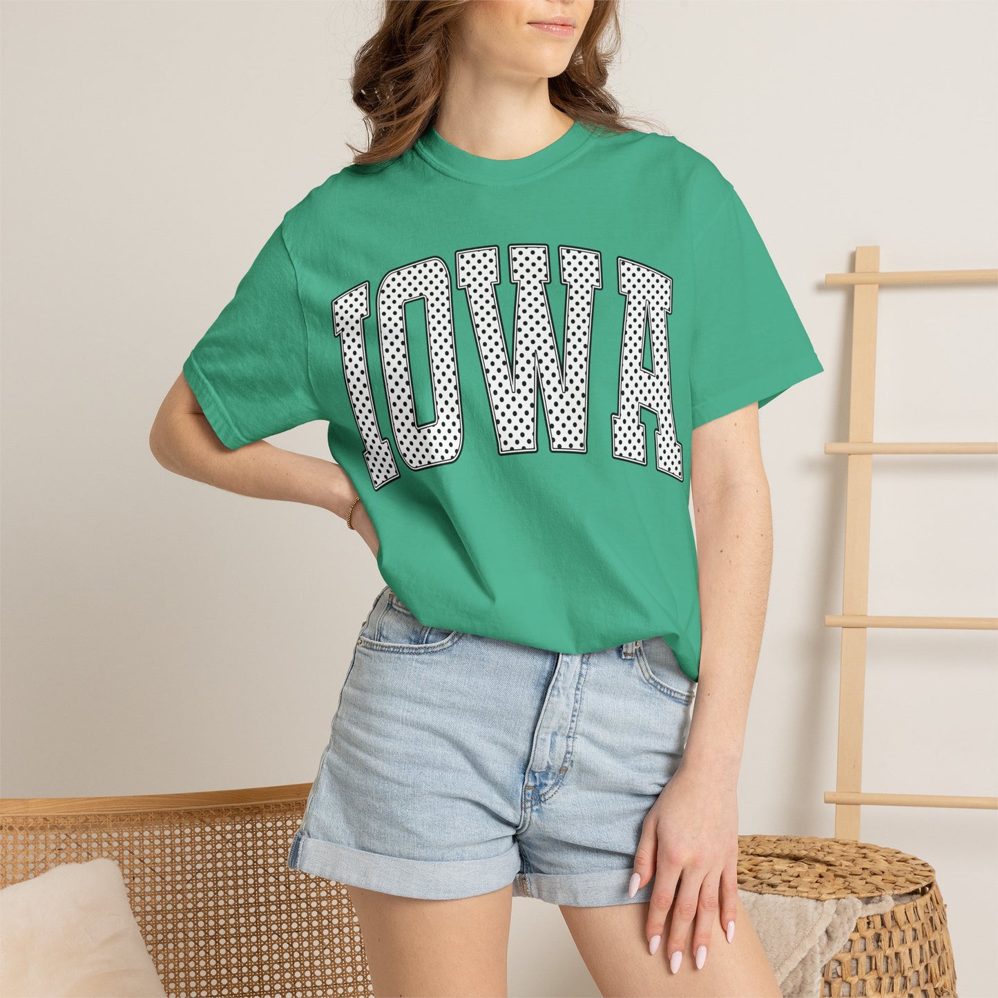 Iowa Retro Polka Dot Mesh Lettering Color Comfort T-Shirt