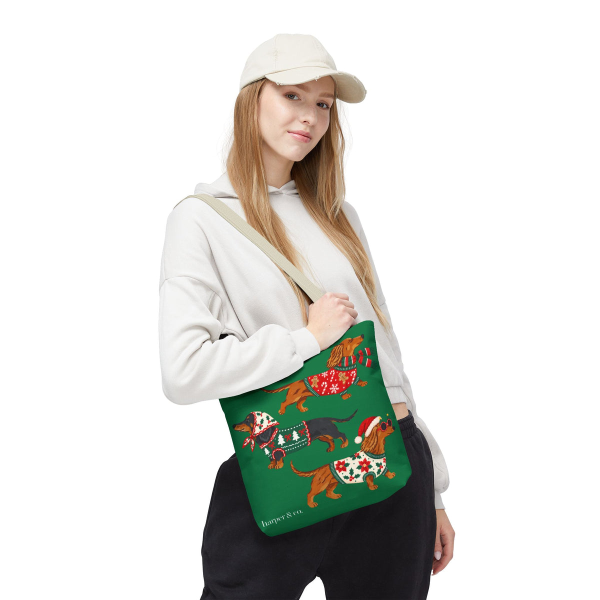 Holiday Dachshund Tote Bag — Christmas Dogs in Festive Sweaters AOP