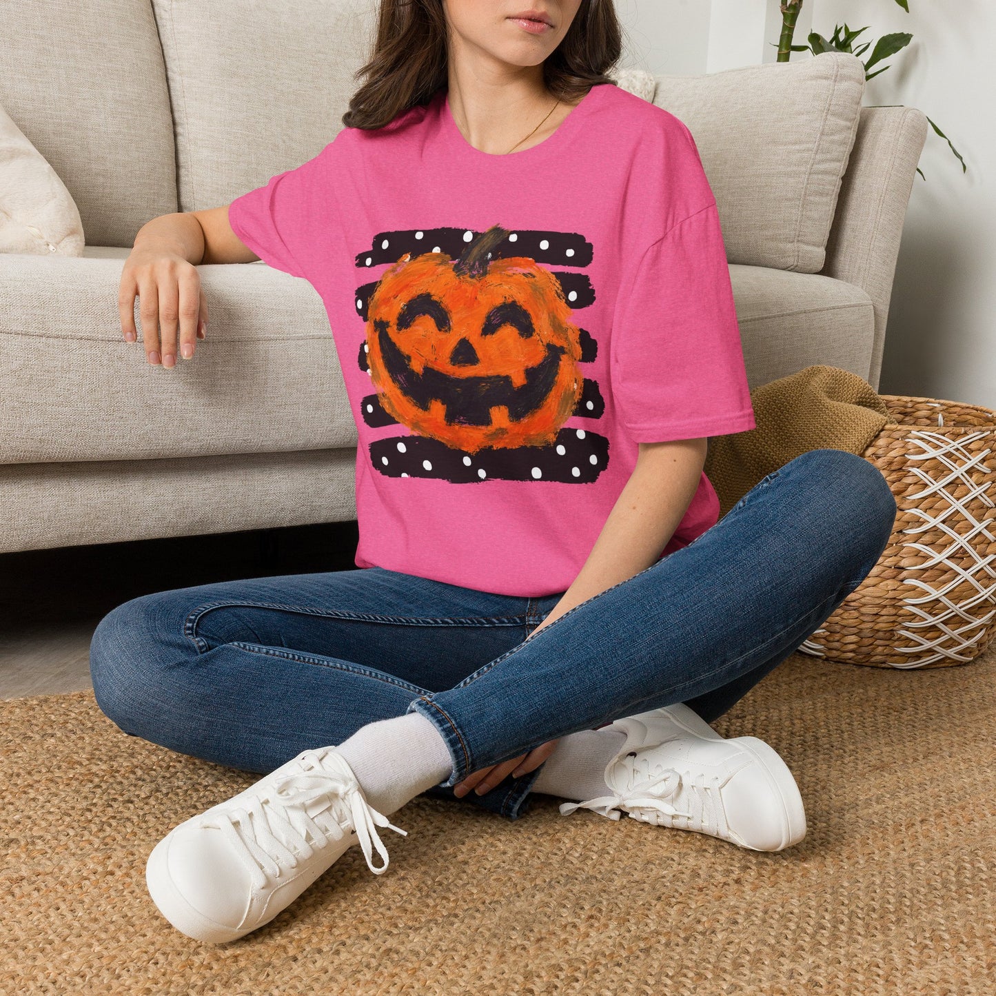 Halloween Pumpkin T‑Shirt — Smiling Jack‑O'Lantern Polka Dot Stripes