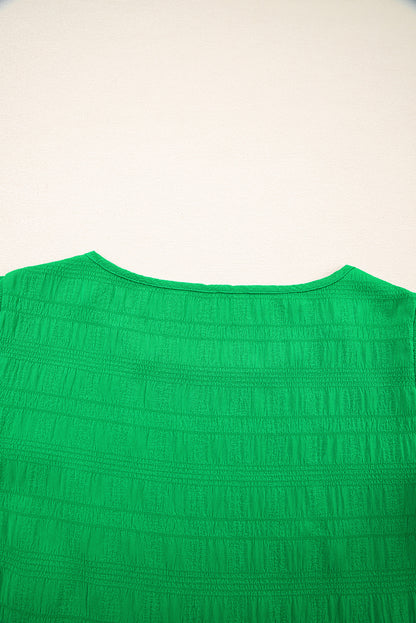 Dark Green Textured Ruffled Sleeve Round Neck Top