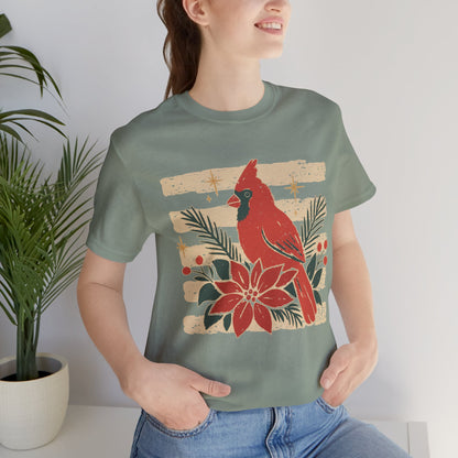 Cardinal & Poinsettia Tee — Vintage Holiday Bird Christmas T-Shirt