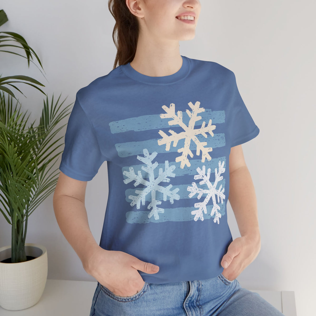 Winter Snowflakes Graphic Tee — Blue Striped Holiday T-Shirt