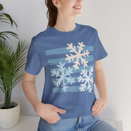 Winter Snowflakes Graphic Tee — Blue Striped Holiday T-Shirt