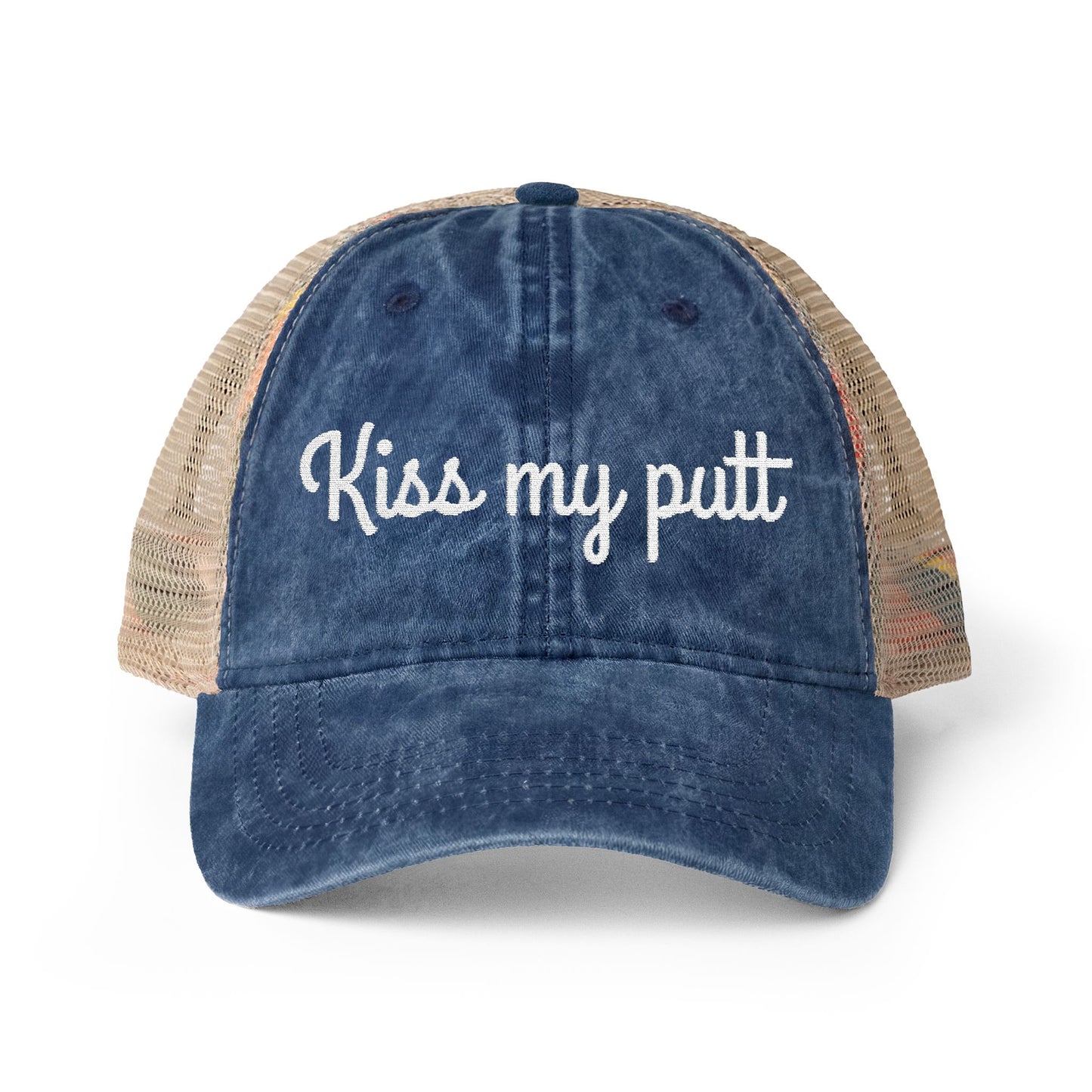 Kiss My Putt Embroidered Women's Washed Mesh-Back Ball Cap