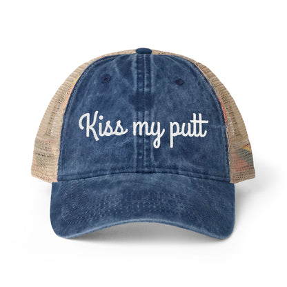 Kiss My Putt Embroidered Women's Washed Mesh-Back Ball Cap