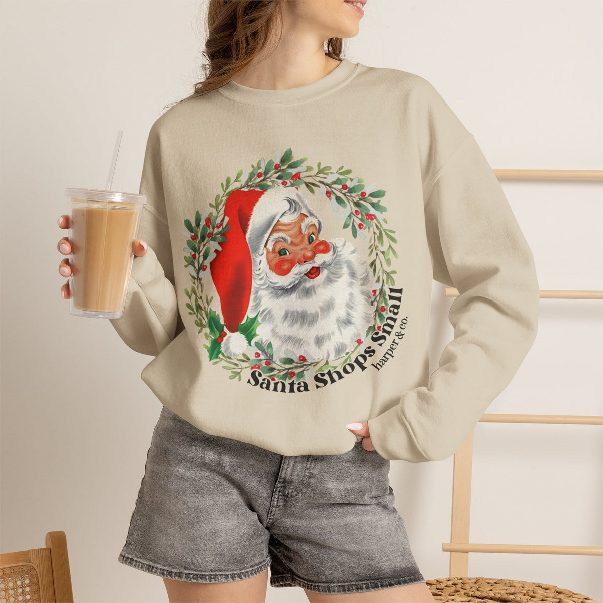 Santa Shops Here Sweatshirt — Vintage Santa Wreath Christmas Heavy Weight Crewneck