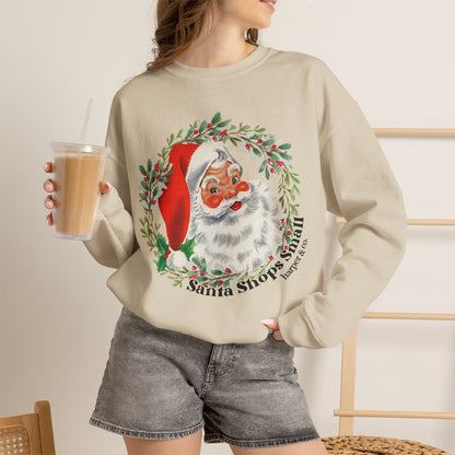 Santa Shops Here Sweatshirt — Vintage Santa Wreath Christmas Heavy Weight Crewneck