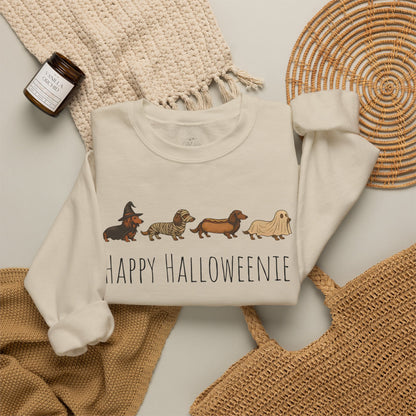 Halloween Dachshund Sweatshirt — "Happy Halloweenie" Cute Halloween Dog Crewneck