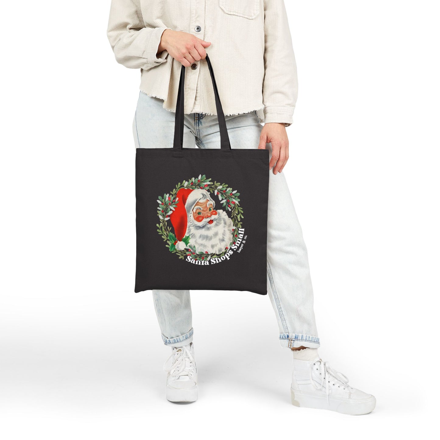 Santa Shops Here Tote Bag — Vintage Santa Wreath Cotton Canvas Tote