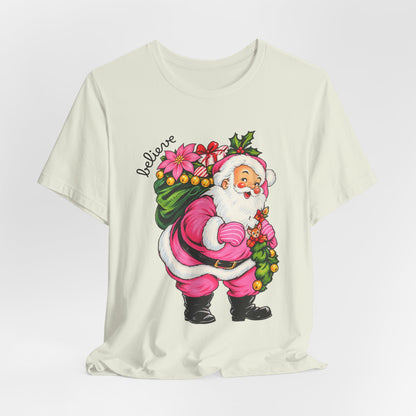 Pink Santa Christmas T-Shirt — Retro Holiday Santa Carrying Poinsettias Tee