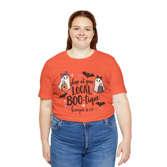 T-Shirt — "Shop at Your Local BOO-tique" Halloween Ghost Boutique Tee