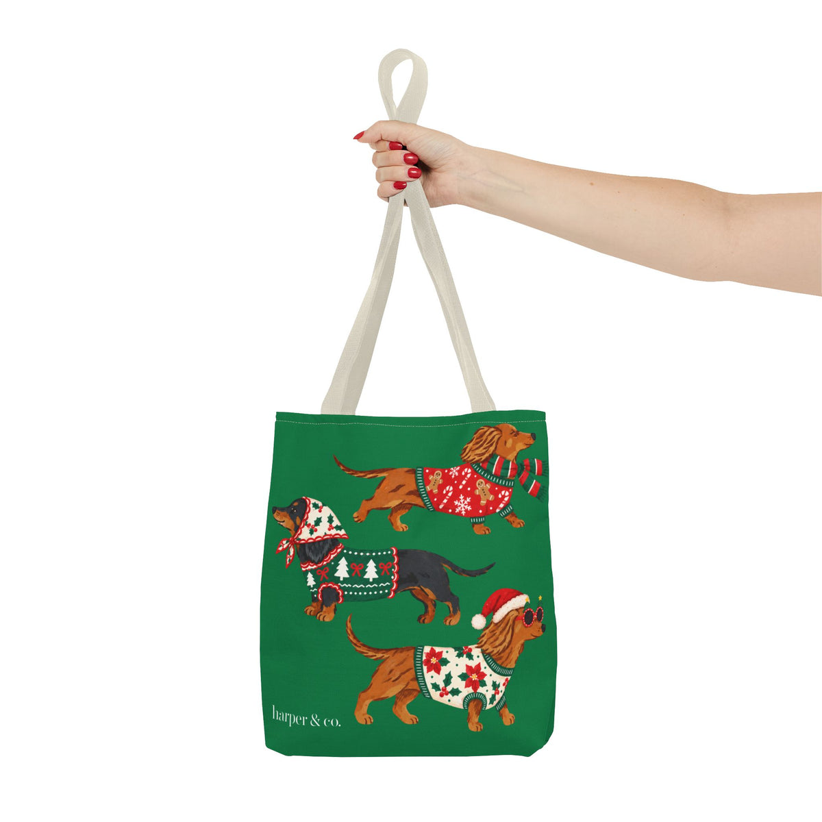 Holiday Dachshund Tote Bag — Christmas Dogs in Festive Sweaters AOP