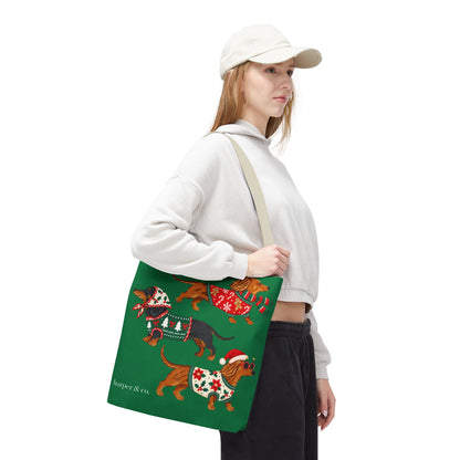 Holiday Dachshund Tote Bag — Christmas Dogs in Festive Sweaters AOP