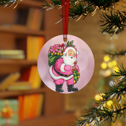 Pink Santa Christmas Metal Ornament