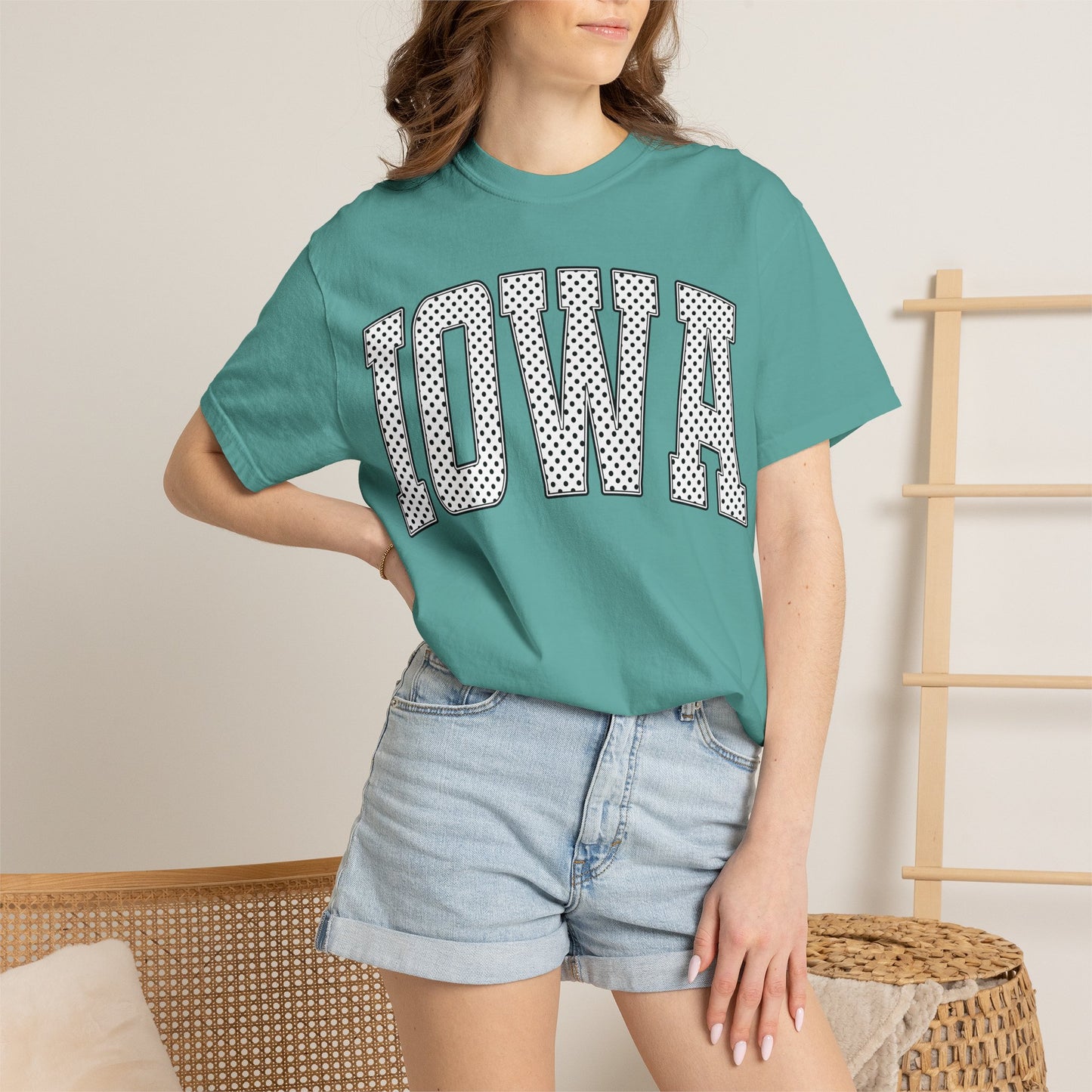 Iowa Retro Polka Dot Mesh Lettering Color Comfort T-Shirt