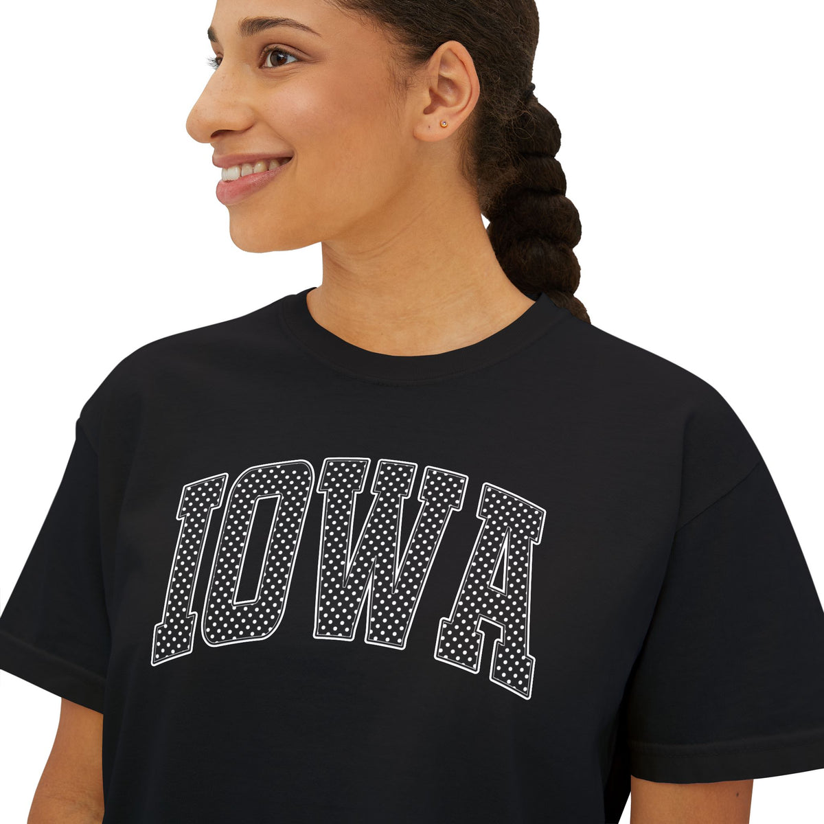 Iowa Boxy Tee — White Dots Women's Cropped College Graphic T-Shirt