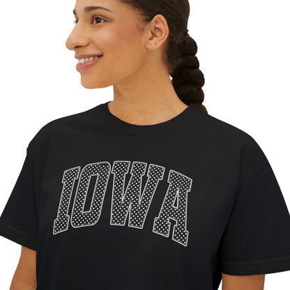 Iowa Boxy Tee — White Dots Women's Cropped College Graphic T-Shirt