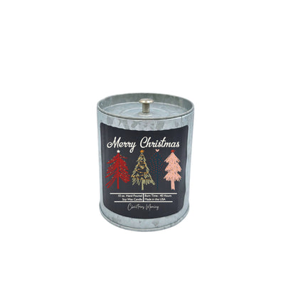 Merry Christmas Soy Wax Candle - Rustic Tin Holiday Candles - Christmas Tree Farm Scent