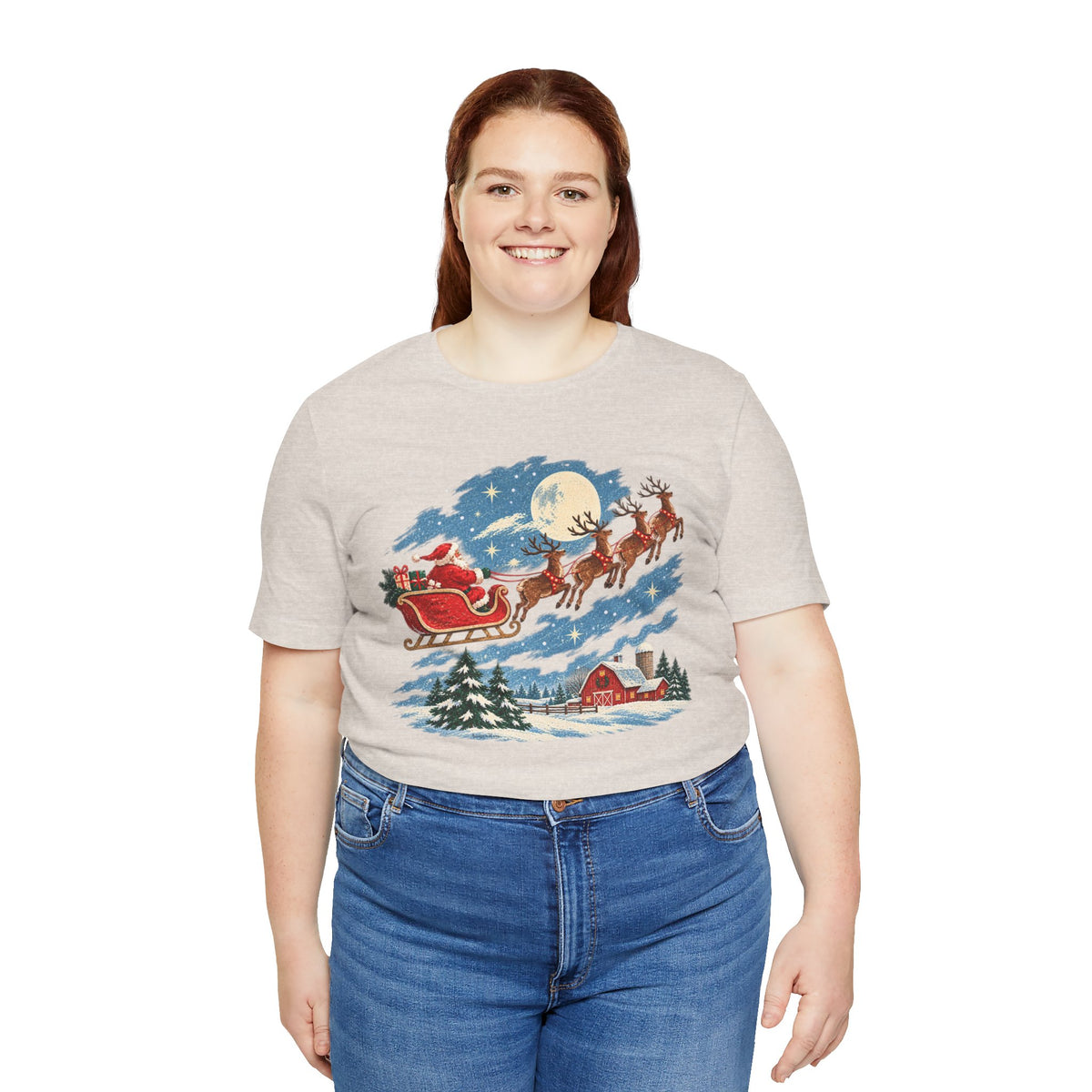 Christmas Tee — Santa Sleigh over Snowy Farm Holiday T‑Shirt