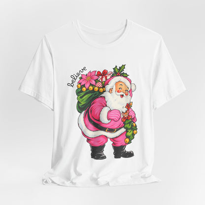 Pink Santa Christmas T-Shirt — Retro Holiday Santa Carrying Poinsettias Tee
