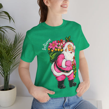 Pink Santa Christmas T-Shirt — Retro Holiday Santa Carrying Poinsettias Tee