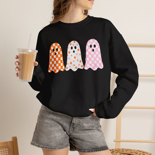 Ghost Crewneck Sweatshirt — Cute Checkerboard Halloween Pullover