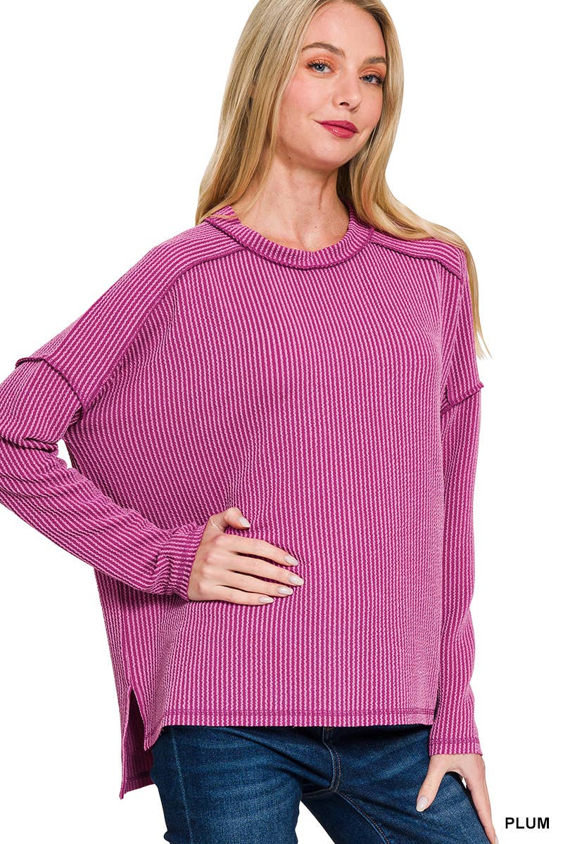 Zenana Full Size Exposed Seam Long Sleeve Plum