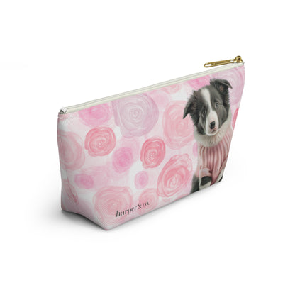 Border Collie & Pink Roses Accessory Pouch w T-bottom