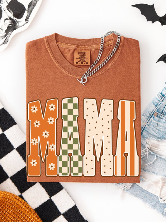 Retro MAMA Fall Floral Checkered Comfort Colors Graphic Tee