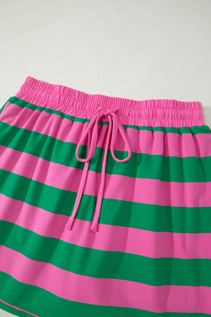 Pink Stripe Dolman Tee Drawstring Skort Athletic 2pcs Set