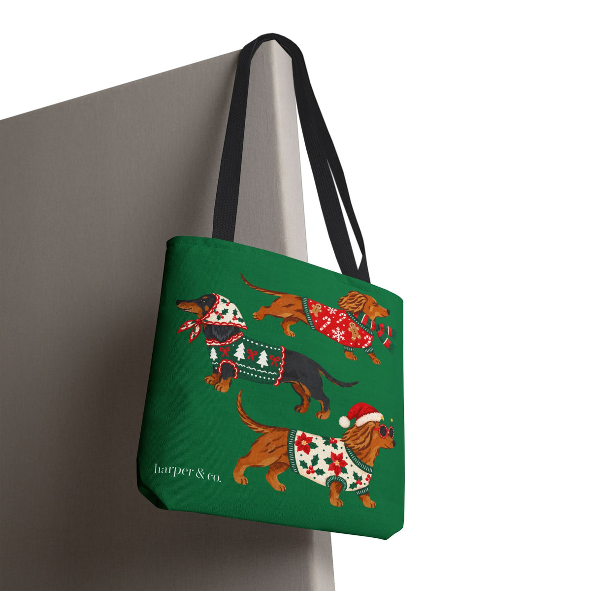 Holiday Dachshund Tote Bag — Christmas Dogs in Festive Sweaters AOP