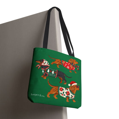 Holiday Dachshund Tote Bag — Christmas Dogs in Festive Sweaters AOP