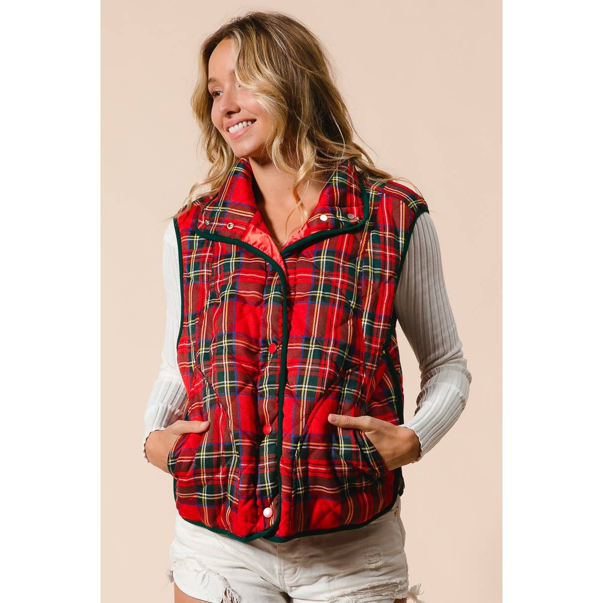BiBi Vintage Christmas Puff Plaid Quilted Vest