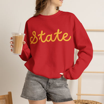 State Script Crewneck Sweatshirt — Retro Red & Gold Collegiate Pullover