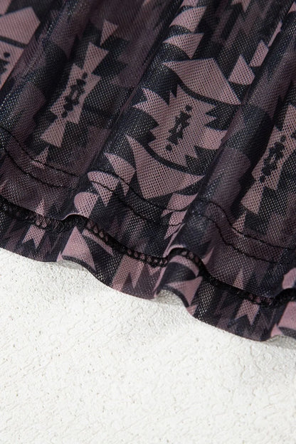 Aztec Print Mock Neck Short Sleeve Mesh T Shirt