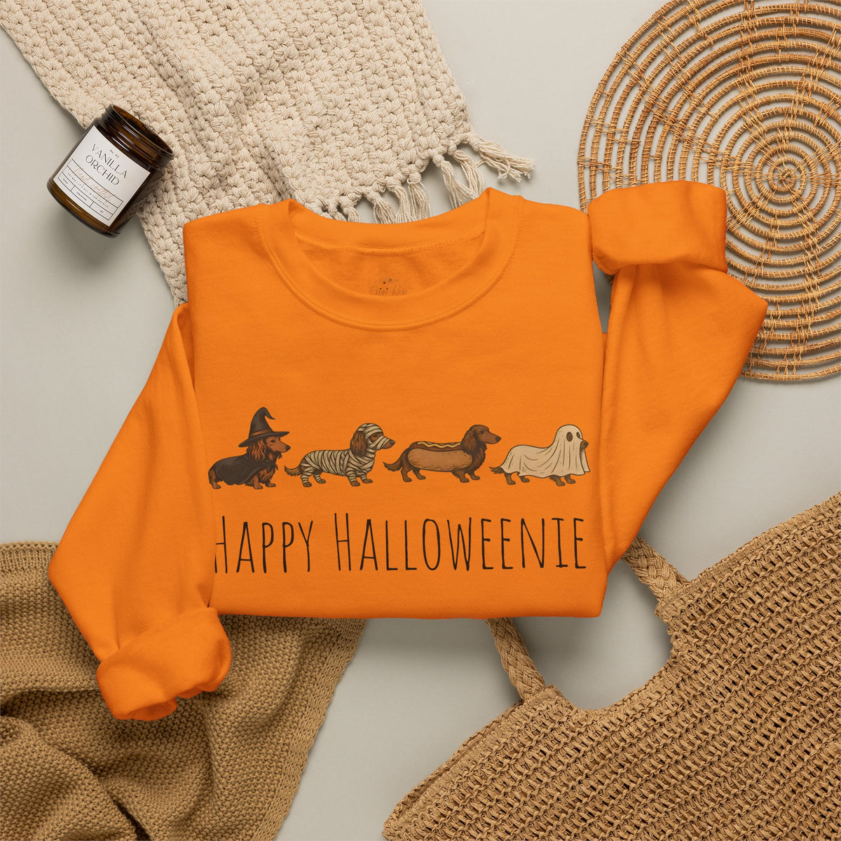 Halloween Dachshund Sweatshirt — "Happy Halloweenie" Cute Halloween Dog Crewneck