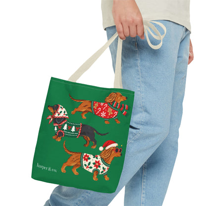 Holiday Dachshund Tote Bag — Christmas Dogs in Festive Sweaters AOP