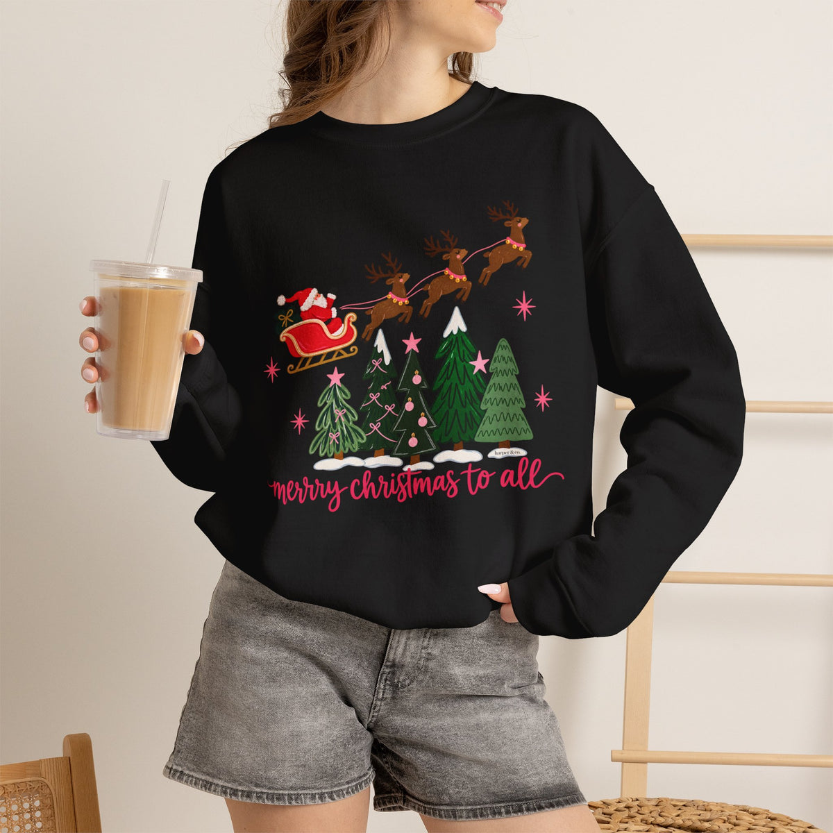 Christmas Crewneck Sweatshirt — "Merry Christmas to All" Santa & Reindeer Holiday Sweatshirt