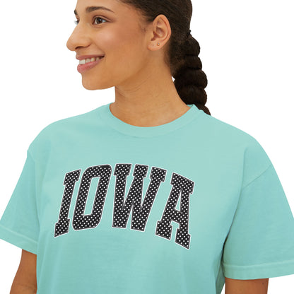 Iowa Boxy Tee — White Dots Women's Cropped College Graphic T-Shirt