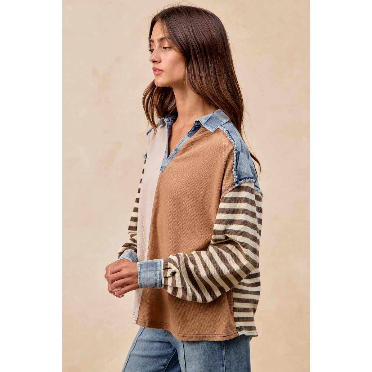 CUT EDGE CHECKER DENIM WAFFLE MIX AND MATCH TOP