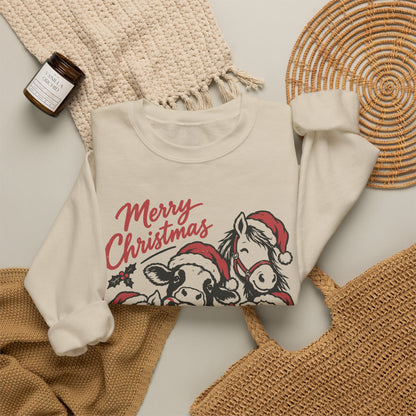 Merry Christmas Vintage Farm Animals Crewneck Sweatshirt