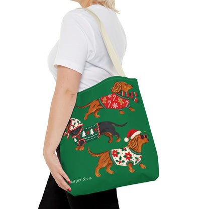 Holiday Dachshund Tote Bag — Christmas Dogs in Festive Sweaters AOP